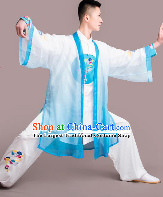 Traditional Chinese Martial Arts Embroidered Blue Costume Professional Tai Chi Competition Kung Fu Uniform for Men