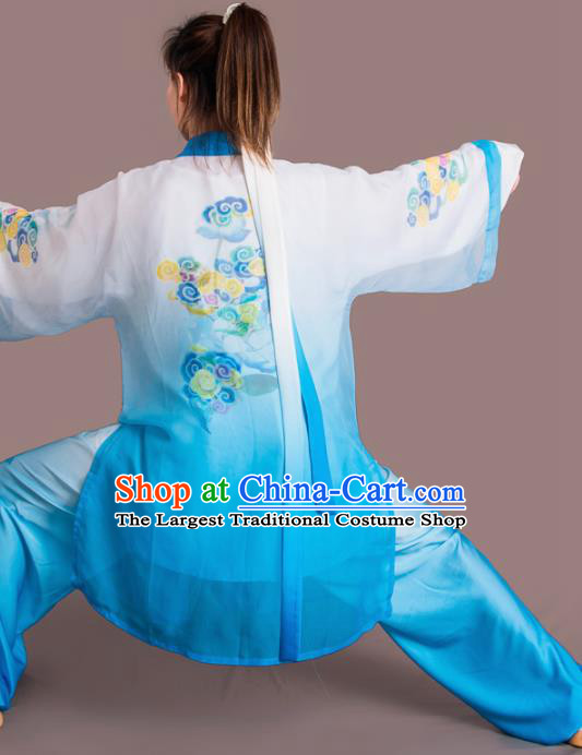 Traditional Chinese Martial Arts Embroidered Cloud Blue Costume Professional Tai Chi Competition Kung Fu Uniform for Women