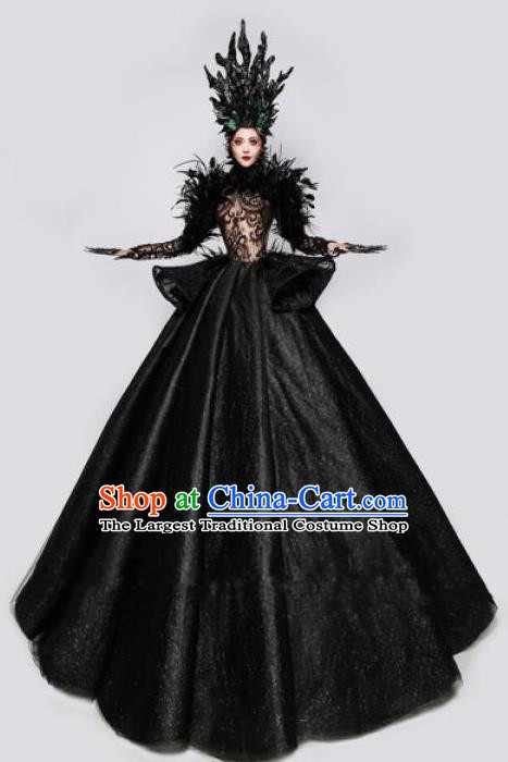 Handmade Modern Fancywork Cosplay Witch Queen Black Full Dress Halloween Stage Show Fancy Ball Costume for Women