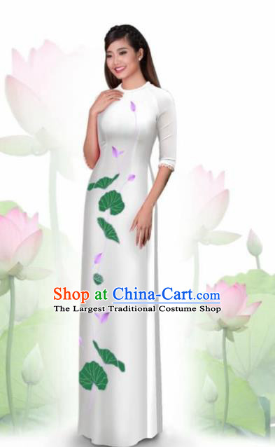 Vietnam Traditional National Costume Printing Lotus White Ao Dai Dress Asian Vietnamese Cheongsam for Women