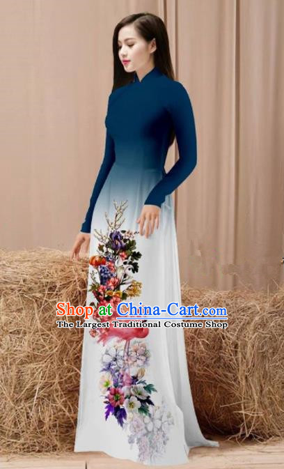 Vietnam Traditional National Costume Printing Flamingo Flowers Navy Ao Dai Dress Asian Vietnamese Cheongsam for Women