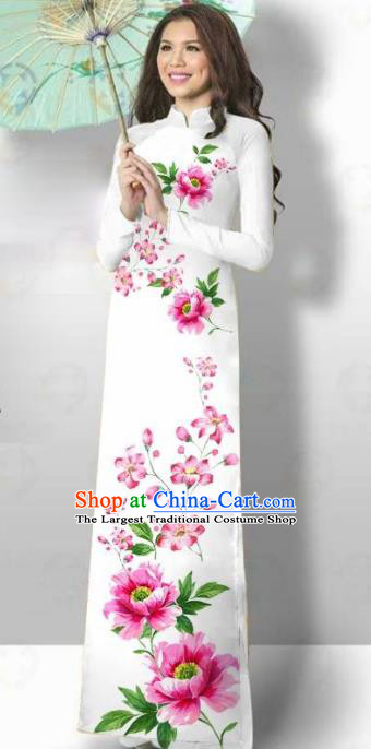Vietnam Traditional Court Costume Printing Pink Flowers Ao Dai Dress Asian Vietnamese Cheongsam for Women