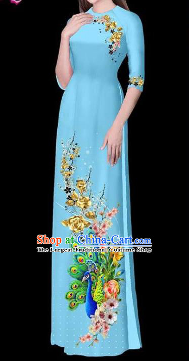 Vietnam Traditional Court Costume Printing Peacock Blue Ao Dai Dress Asian Vietnamese Cheongsam for Women