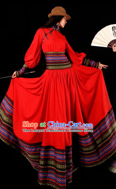 Chinese National Mongol Nationality Red Dress Traditional Mongolian Ethnic Costume for Women