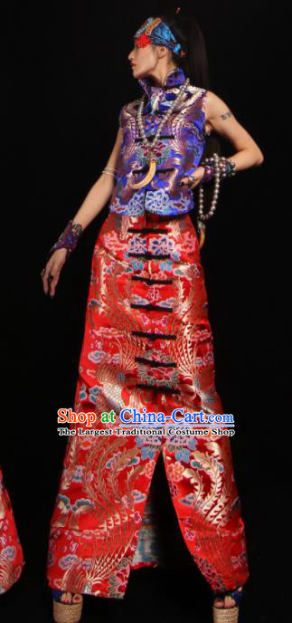 Chinese Traditional National Costume Red Brocade Skirt Tang Suit Dress for Women