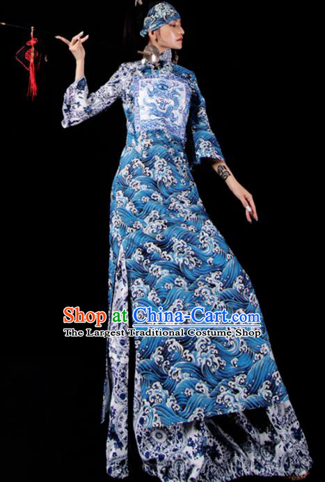 Chinese National Cheongsam Costume Traditional Tang Suit Blue Brocade Qipao Dress for Women