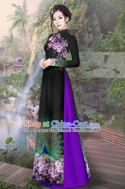 Vietnam Traditional Court Costume Printing Black Ao Dai Dress Asian  Vietnamese Cheongsam for Women