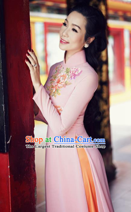 Vietnam Traditional Court Costume Printing Peony Pink Ao Dai Dress Asian Vietnamese Cheongsam for Women