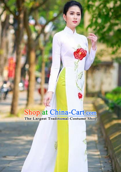 Vietnam Traditional National Costume Printing Peony White Ao Dai Dress Asian Vietnamese Cheongsam for Women