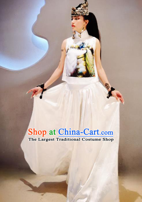 Chinese Traditional National Costume Printing White Cheongsam Blouse Tang Suit Qipao Shirt for Women