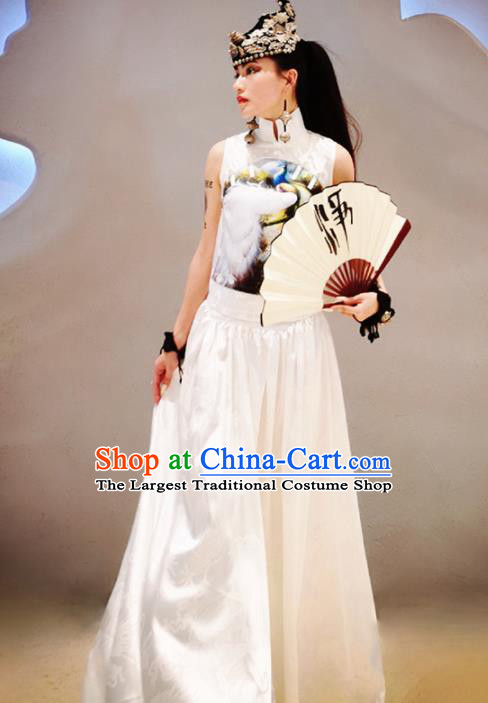 Chinese Traditional National Costume Printing White Cheongsam Blouse Tang Suit Qipao Shirt for Women