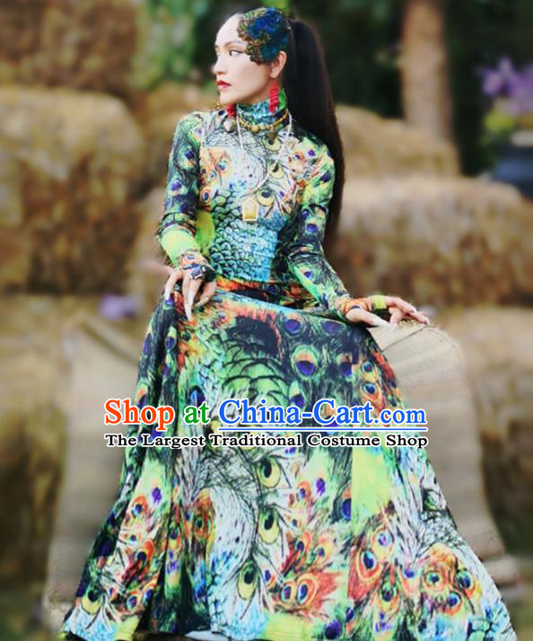 Chinese Traditional National Costume Printing Peacock Cheongsam Tang Suit Qipao Dress for Women