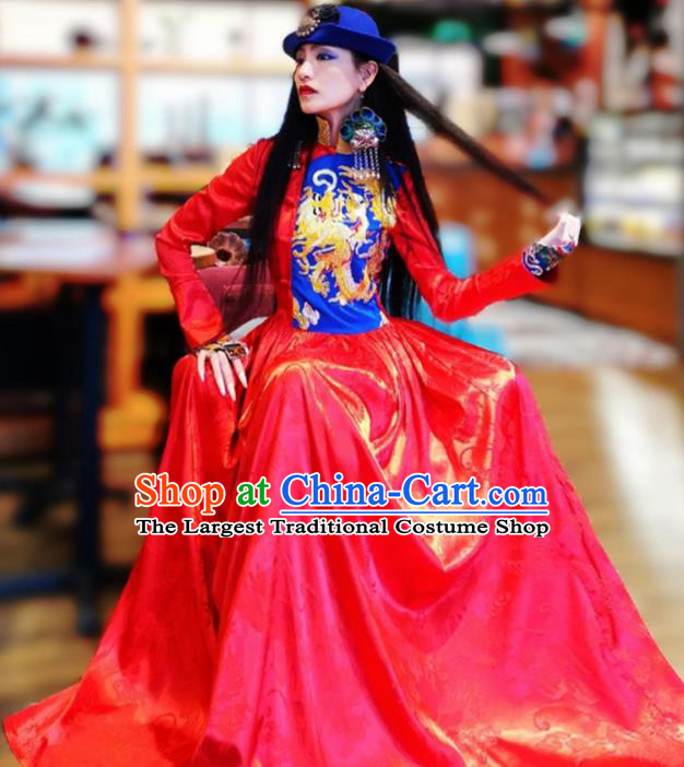 Chinese Traditional Catwalks Costume National Embroidered Dragon Red Cheongsam Tang Suit Qipao Dress for Women