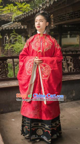 Chinese Traditional Ming Dynasty Wedding Historical Costume Ancient Royal Dowager Embroidered Red Dress for Women