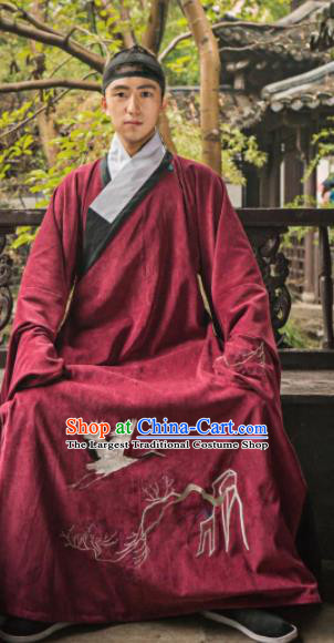 Chinese Traditional Ming Dynasty Historical Costume Ancient Taoist Priest Embroidered Red Robe for Men