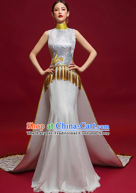 Chinese National Catwalks Embroidered Grey Trailing Full Dress Traditional Compere Cheongsam for Women