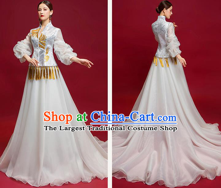 Chinese National Catwalks Embroidered Trailing Veil Full Dress Traditional Compere Cheongsam for Women