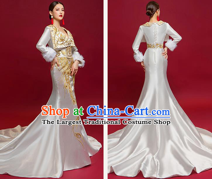 Chinese National Catwalks Embroidered Full Dress Traditional Compere Cheongsam for Women