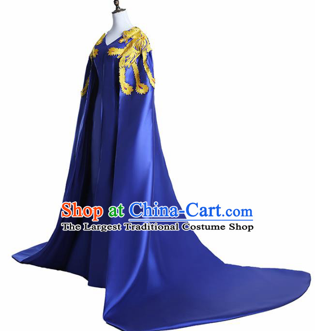 Chinese National Catwalks Costume Embroidered Phoenix Royalblue Trailing Cheongsam Traditional Tang Suit Qipao Dress for Women