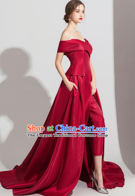 Top Grade Catwalks Wine Red Trailing Full Dress Modern Dance Party Compere Costume for Women