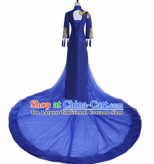 Chinese National Catwalks Costume Embroidered Phoenix Trailing Cheongsam Traditional Tang Suit Royalblue Qipao Dress for Women
