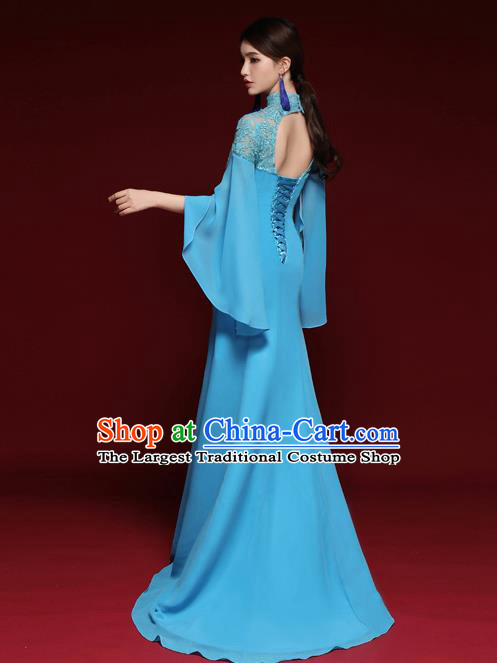 Chinese National Catwalks Embroidered Blue Lace Cheongsam Traditional Costume Tang Suit Qipao Dress for Women
