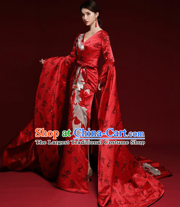 Chinese National Catwalks Red Trailing Cheongsam Traditional Costume Tang Suit Qipao Dress for Women