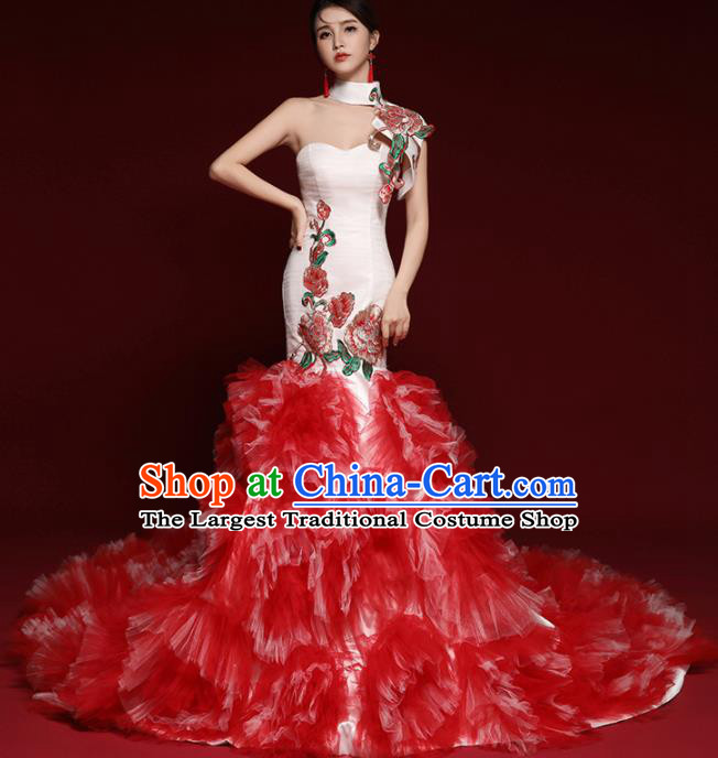Chinese National Catwalks Red Veil Peony Trailing Cheongsam Traditional Costume Tang Suit Qipao Dress for Women