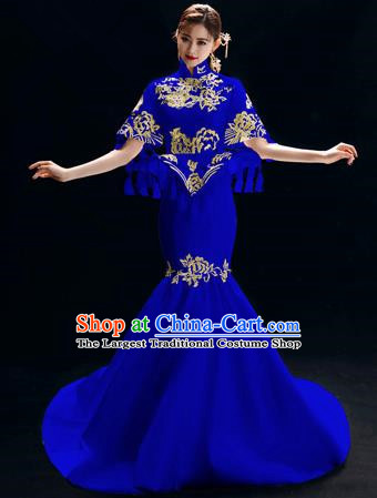 Chinese National Catwalks Embroidered Royalblue Trailing Cheongsam Traditional Costume Tang Suit Qipao Dress for Women