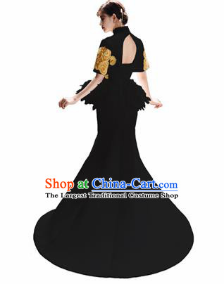 Chinese National Catwalks Embroidered Black Mermaid Cheongsam Traditional Costume Tang Suit Qipao Dress for Women