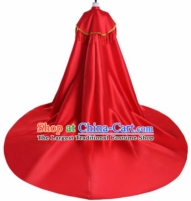 Chinese National Catwalks Costume Embroidered Dragon Trailing Cheongsam Traditional Tang Suit Red Qipao Dress for Women