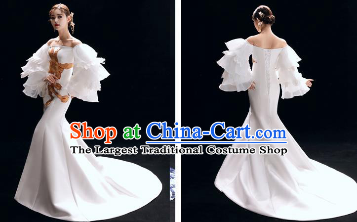 Top Grade Catwalks Embroidered White Trailing Full Dress Modern Dance Party Compere Costume for Women
