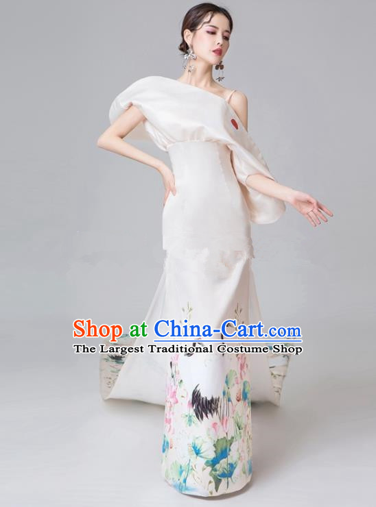 Chinese National Catwalks Printing Crane Lotus White Trailing Cheongsam Traditional Costume Tang Suit Qipao Dress for Women