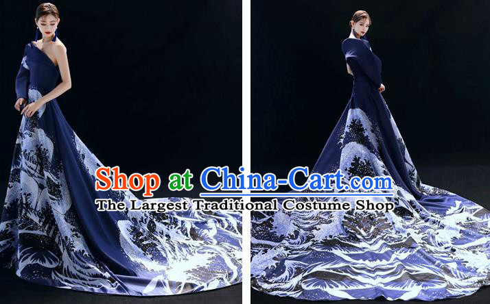 Top Grade Catwalks Compere Printing Navy Trailing Full Dress Modern Dance Party Costume for Women