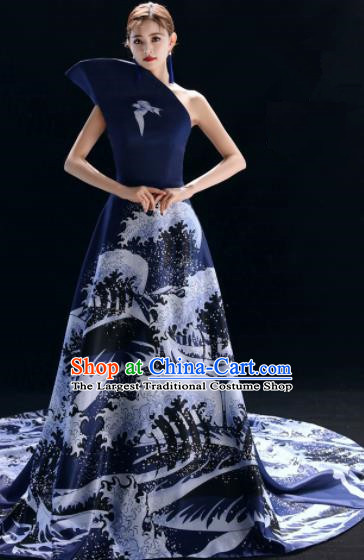 Top Grade Catwalks Compere Printing Trailing Navy Full Dress Modern Dance Party Costume for Women