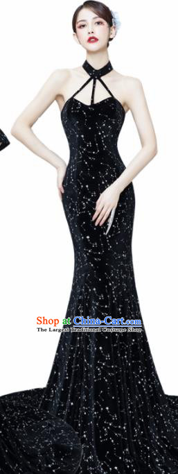 Top Grade Catwalks Compere Black Velvet Long Full Dress Modern Dance Party Costume for Women