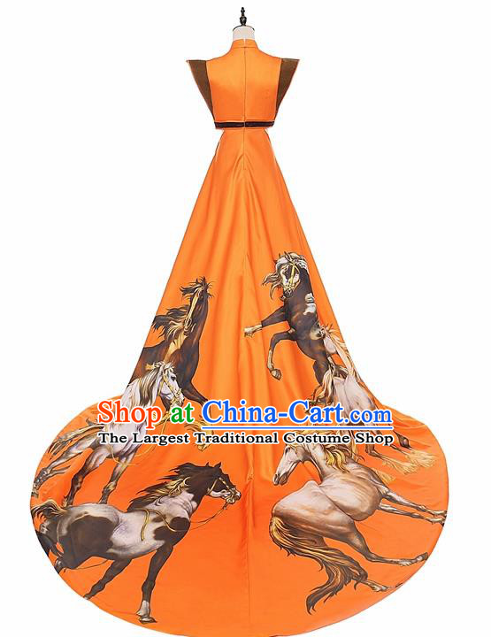 Chinese National Catwalks Silk Trailing Cheongsam Traditional Costume Tang Suit Qipao Dress for Women