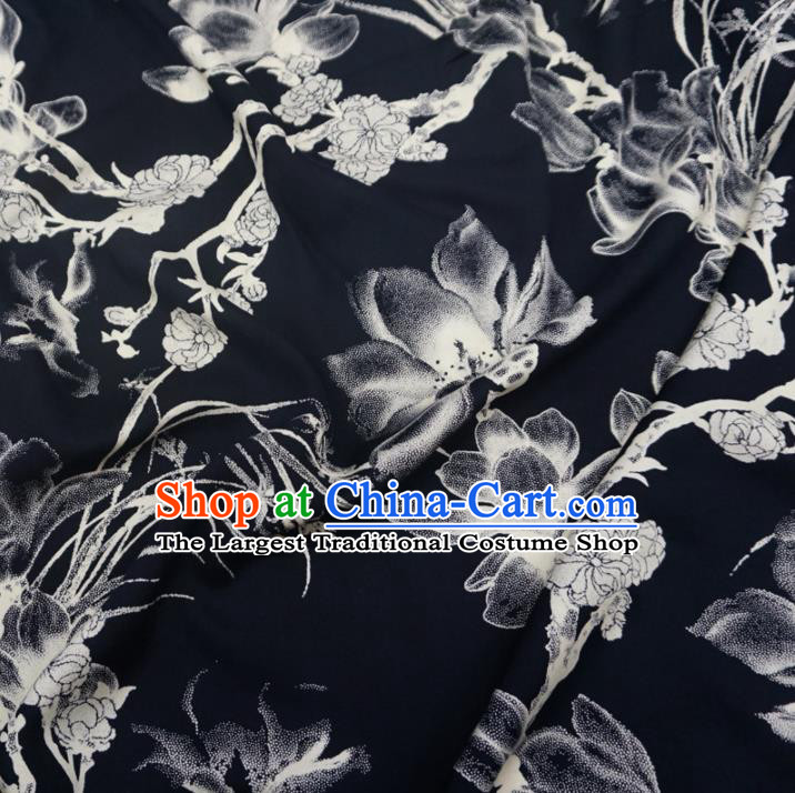 Asian Chinese Traditional Magnolia Pattern Design Black Watered Gauze Cheongsam Silk Fabric Chinese Fabric Material