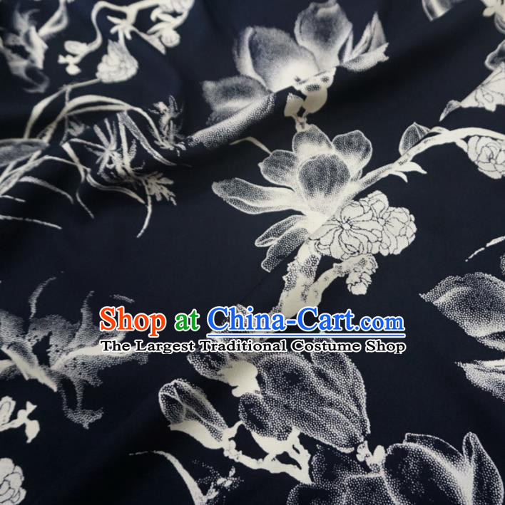 Asian Chinese Traditional Magnolia Pattern Design Black Watered Gauze Cheongsam Silk Fabric Chinese Fabric Material