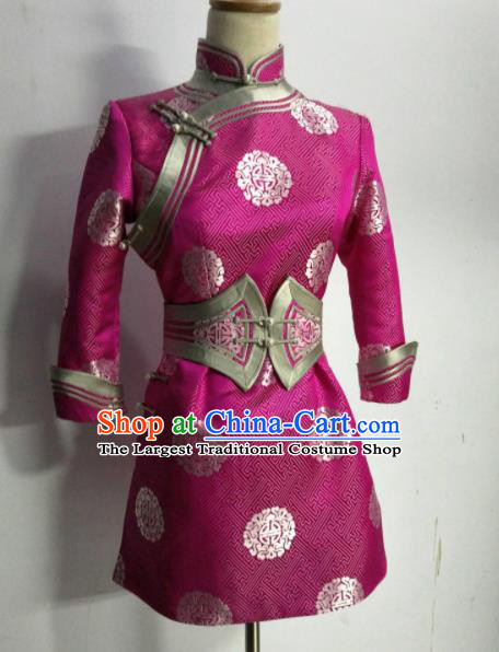 Chinese Traditional Mongolian Ethnic Rosy Robe Mongol Nationality Female Dress Costume for Women