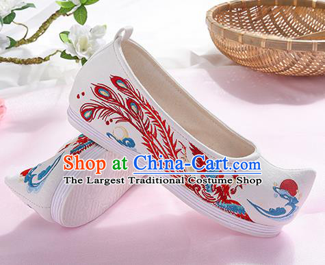 Chinese Traditional Hanfu White Shoes Embroidered Phoenix Shoes Handmade Ancient Princess Shoes for Women