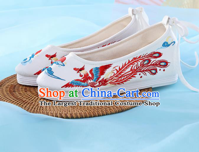 Chinese Traditional Hanfu Shoes White Embroidered Phoenix Shoes Handmade Ancient Princess Shoes for Women