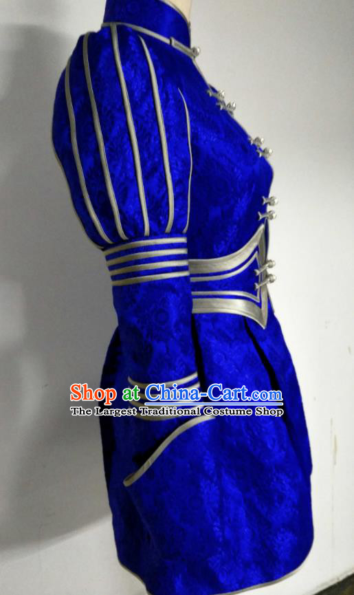 Chinese Traditional Mongolian Ethnic Deep Blue Robe Mongol Nationality Female Dress Costume for Women