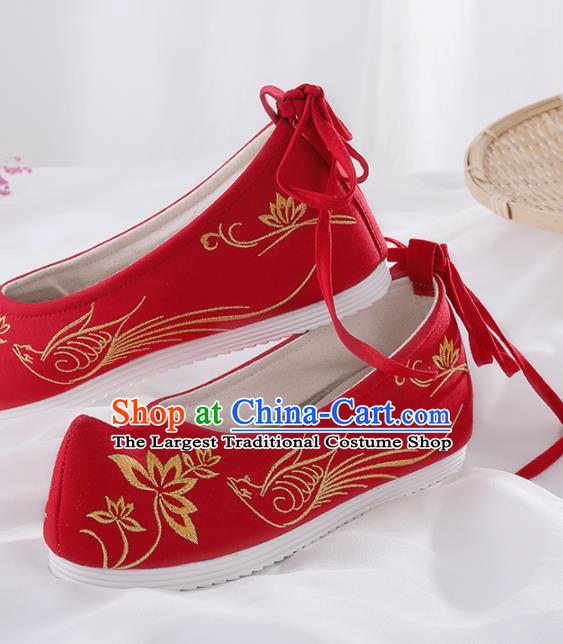 Chinese Traditional Hanfu Shoes Embroidered Lotus Red Shoes Handmade Ancient Princess Shoes for Women