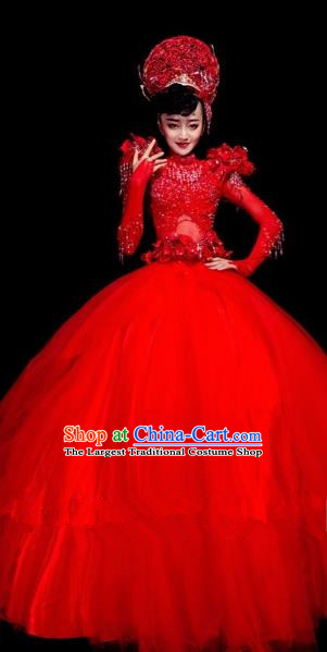 Handmade Europe Court Modern Fancywork Stage Show Red Full Dress Halloween Cosplay Queen Fancy Ball Costume for Women