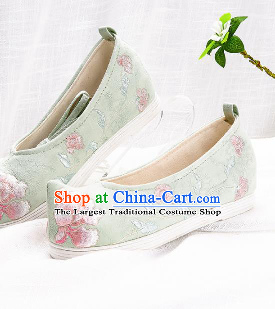 Chinese Traditional Embroidered Peony Green Shoes Hanfu Cloth Shoes Handmade Ancient Princess Shoes for Women