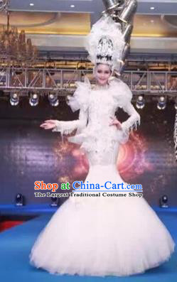 Handmade Europe Court Stage Show White Veil Full Dress Halloween Cosplay Queen Fancy Ball Modern Fancywork Costume for Women