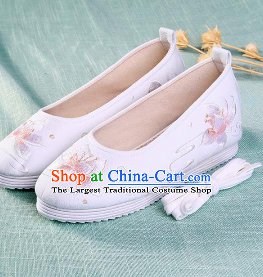 Chinese Traditional Embroidered Lotus White Shoes Hanfu Cloth Shoes Handmade Ancient Princess Shoes for Women