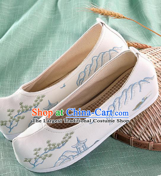 Chinese Traditional Embroidered Pavilion White Shoes Hanfu Cloth Shoes Handmade Ancient Princess Shoes for Women
