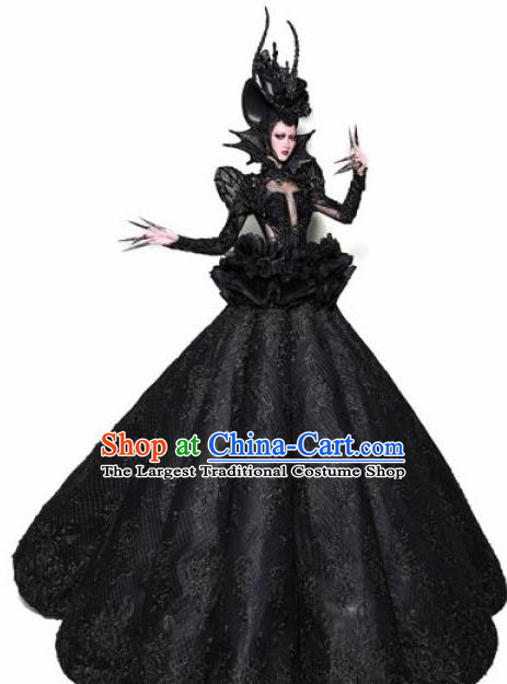 Handmade Modern Fancywork Stage Show Witch Black Full Dress Halloween Cosplay Queen Fancy Ball Costume for Women